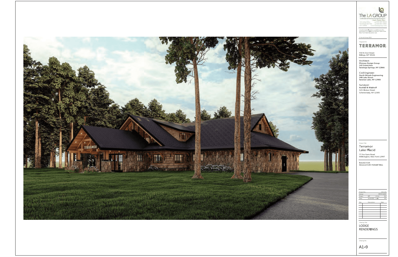 A rendering shows a lodge proposed as part of Kampgrounds of America and Terramor Outdoor Resort's Adirondacks project.