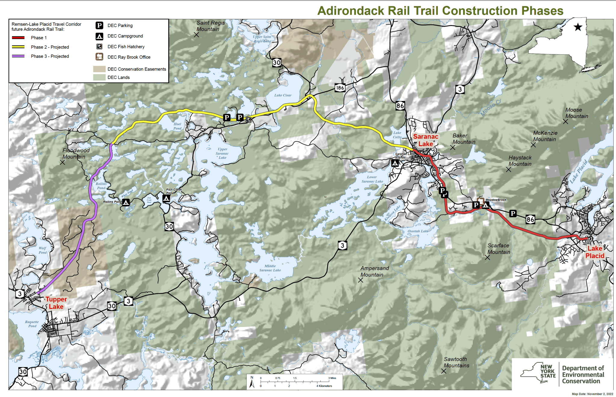 A map of the Adirondack Rail Trail and construction phases. Map courtesy of DEC