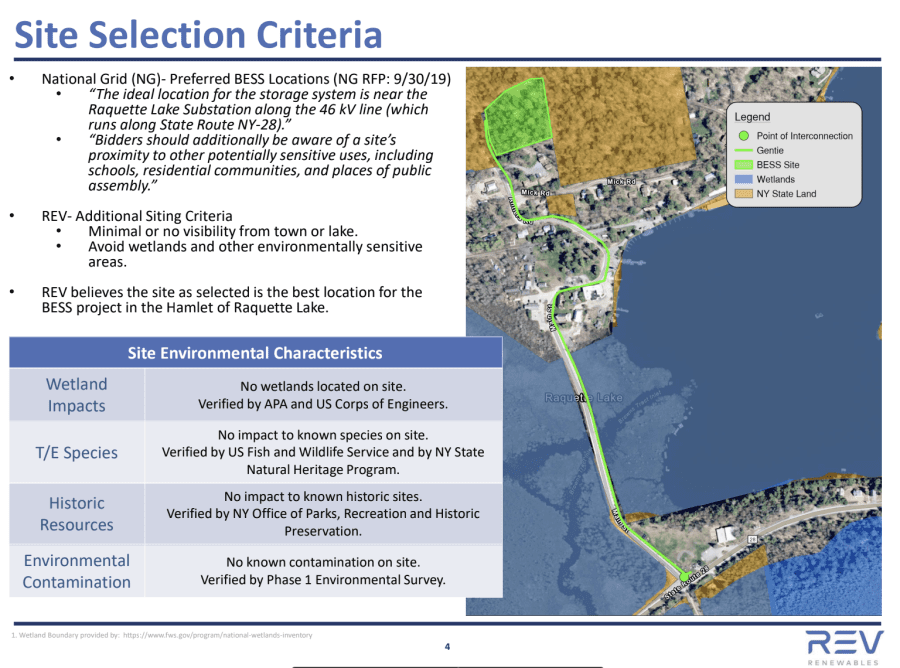 A slideshow screenshot shows site selection criteria from Rev Renewables for the proposed battery storage facility.