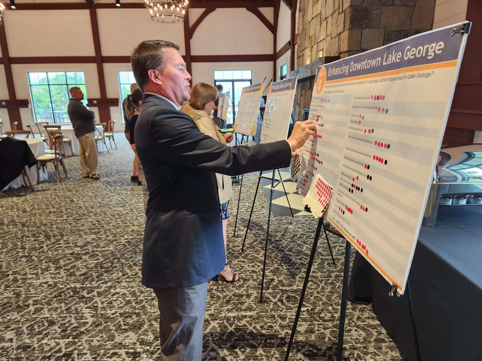 man putting dots on a large sheet of paper