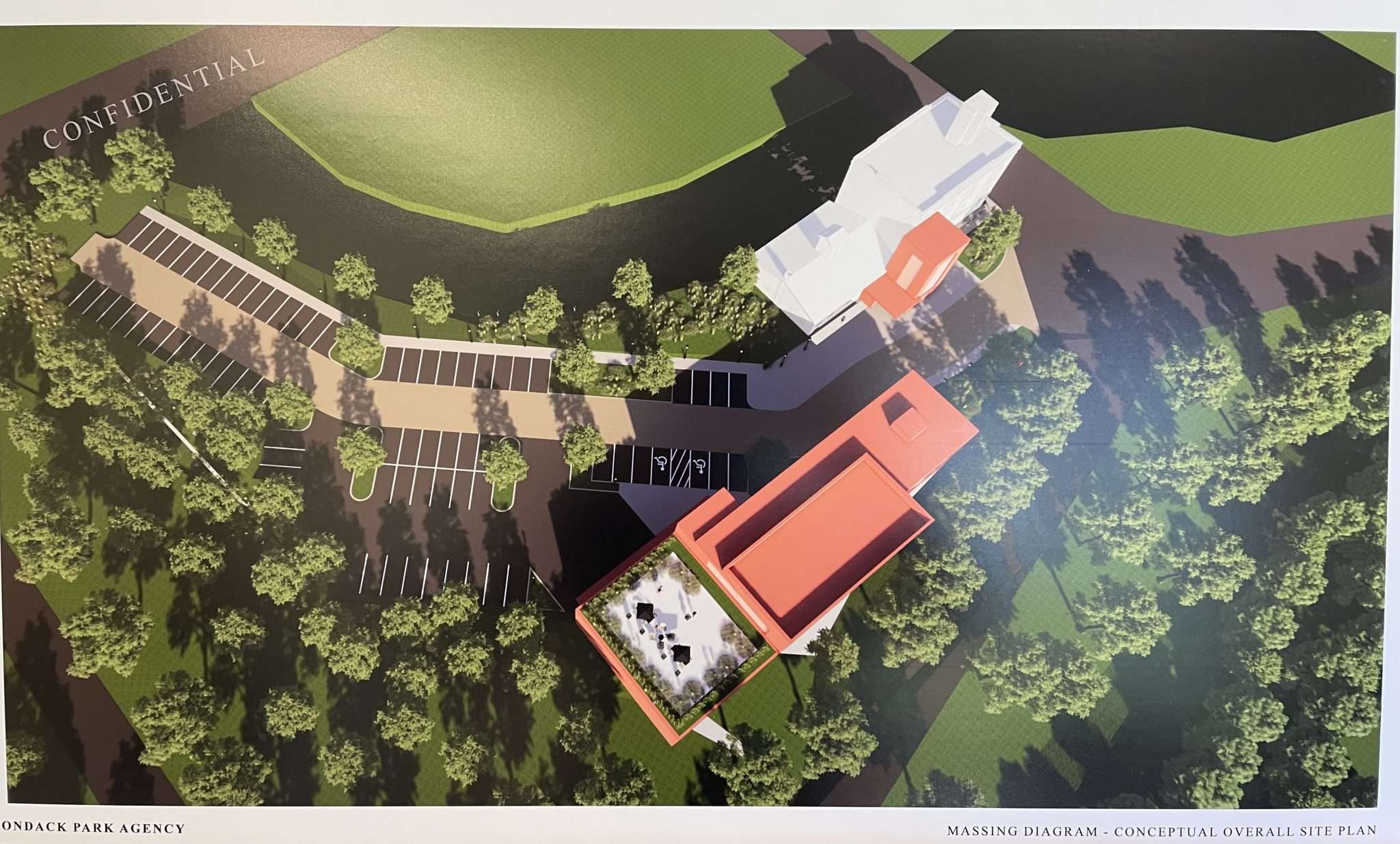 An aerial rendering shows the Paul Smith's Power and Light Building at 1-3 Main St. in the village of Saranac Lake as the Adirondack Park Agency's new headquarters. The agency would build a 19,000-square-foot addition behind it and a new parking lot.