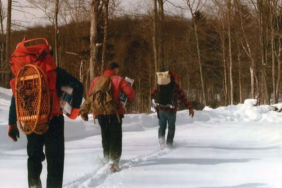 snowshoe hike to Pa's Falls with beer in an 1980s photo