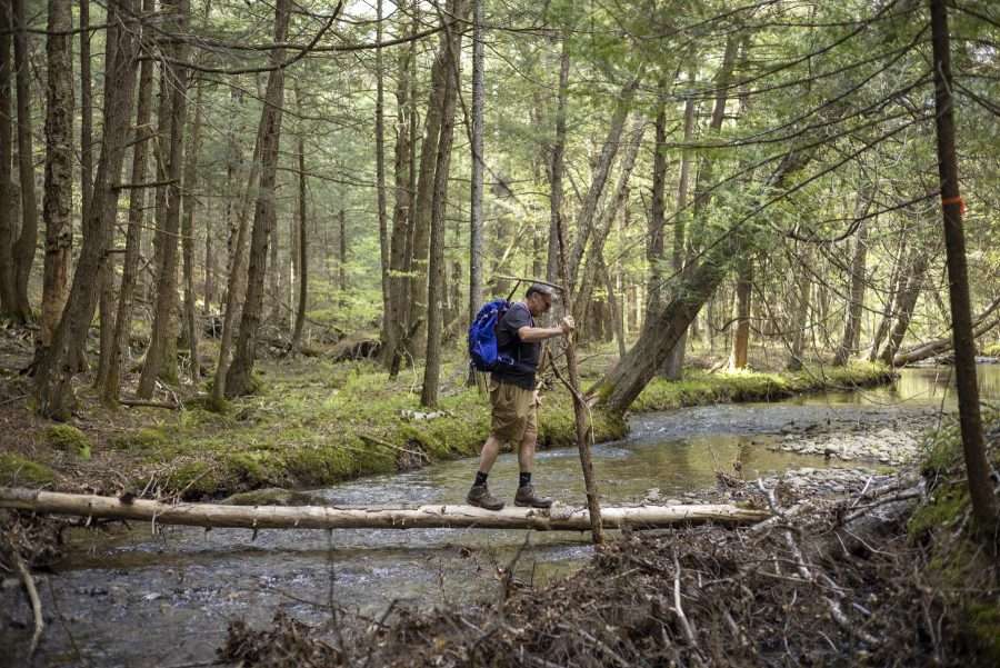 man with walking stick crossing a log over a stream