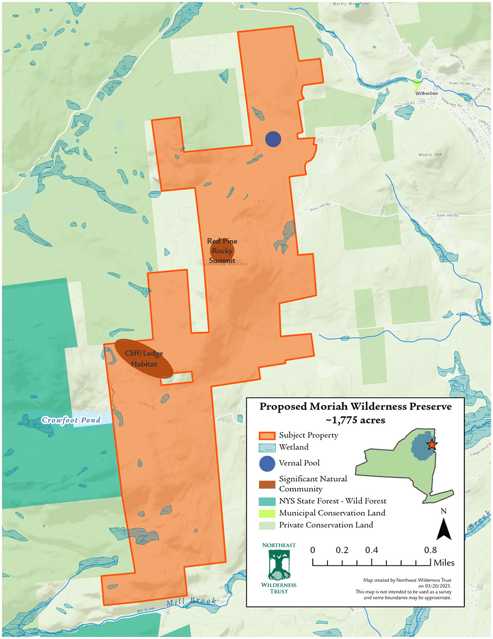 The Moriah Wilderness Preserve would be in the southern Champlain Valley. Map courtesy of the Northeast Wilderness Trust