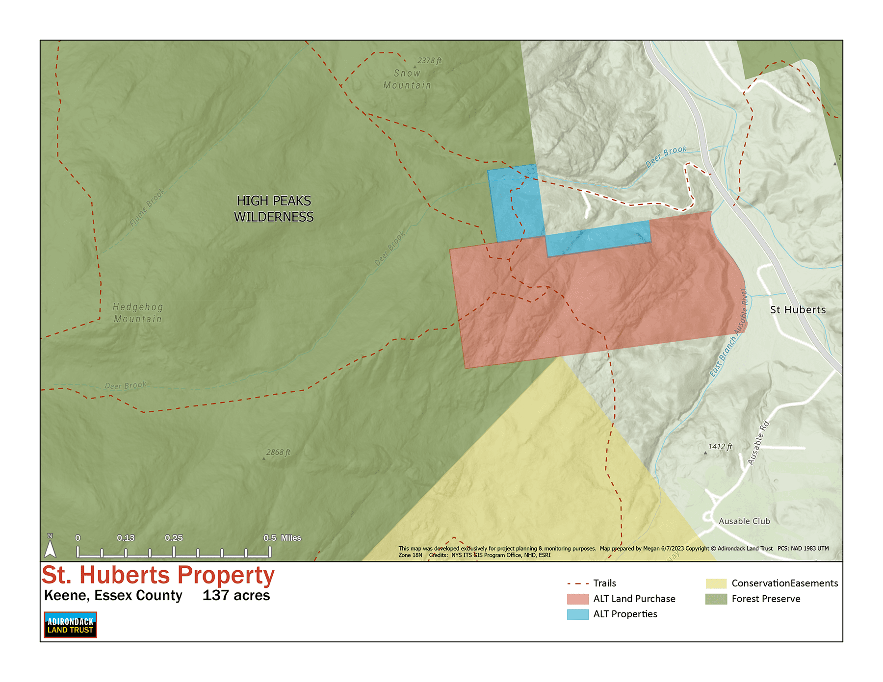 The Adirondack Land Trust purchased 137 acres adjacent to the High Peaks Wilderness in St. Huberts in May. Map courtesy of ALT