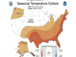 A map of the U.S. shows a seasonal temperature outlook. The probability of the Adirondacks experiencing above-average temperatures from May to July is "leaning above."