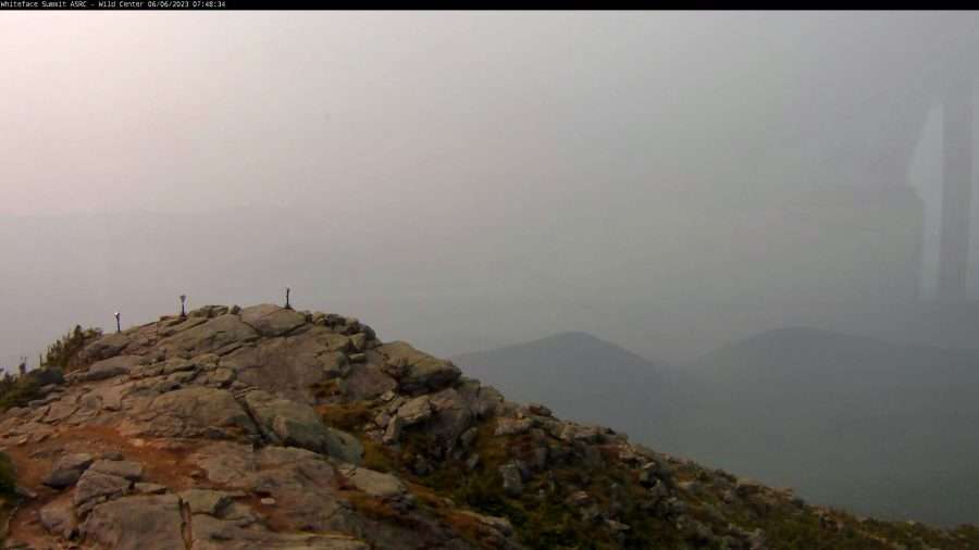 The view from the summit of Whiteface Mountain is clouded with smoke.