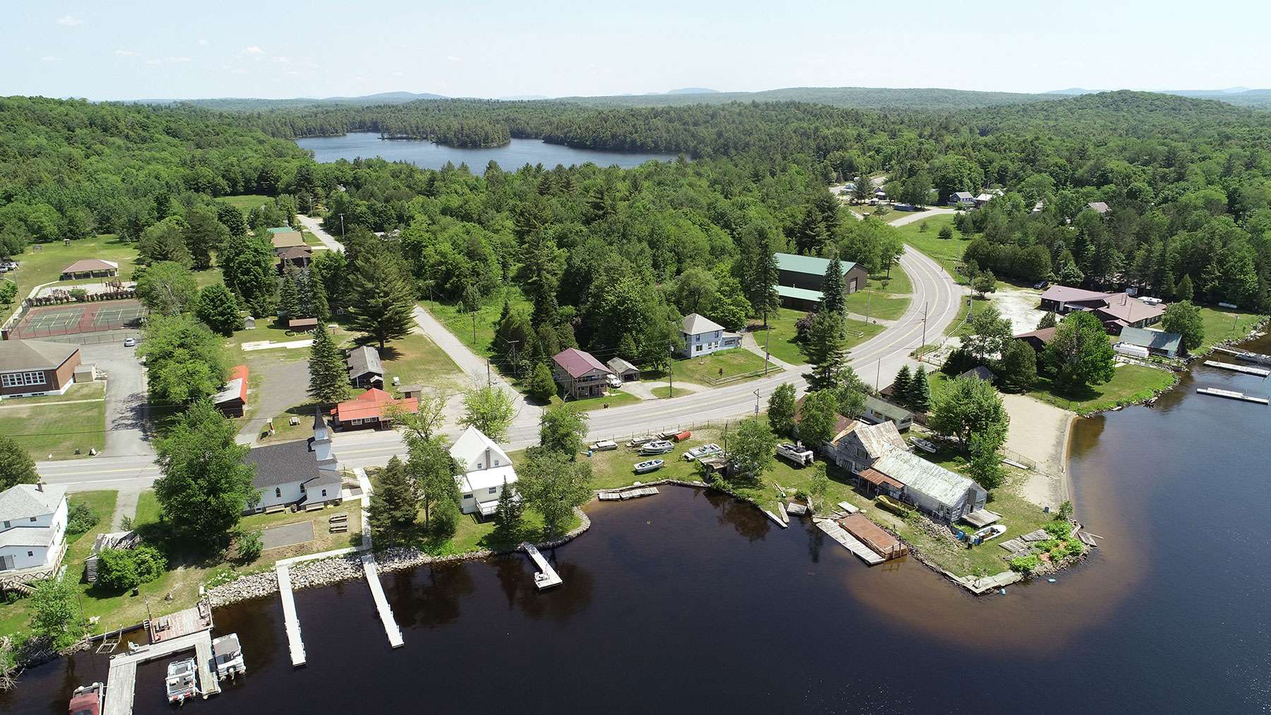 cranberry lake aerial with church in the lefthand side