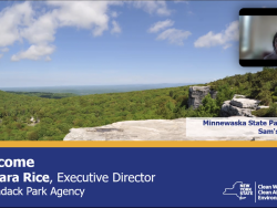 A screenshot shows a virtual presentation, hosted by Executive Director of the Adirondack Park Agency Barbara Rice, about the $4.2 billion Clean Water, Clean Air and Green Jobs Environmental Bond Act.