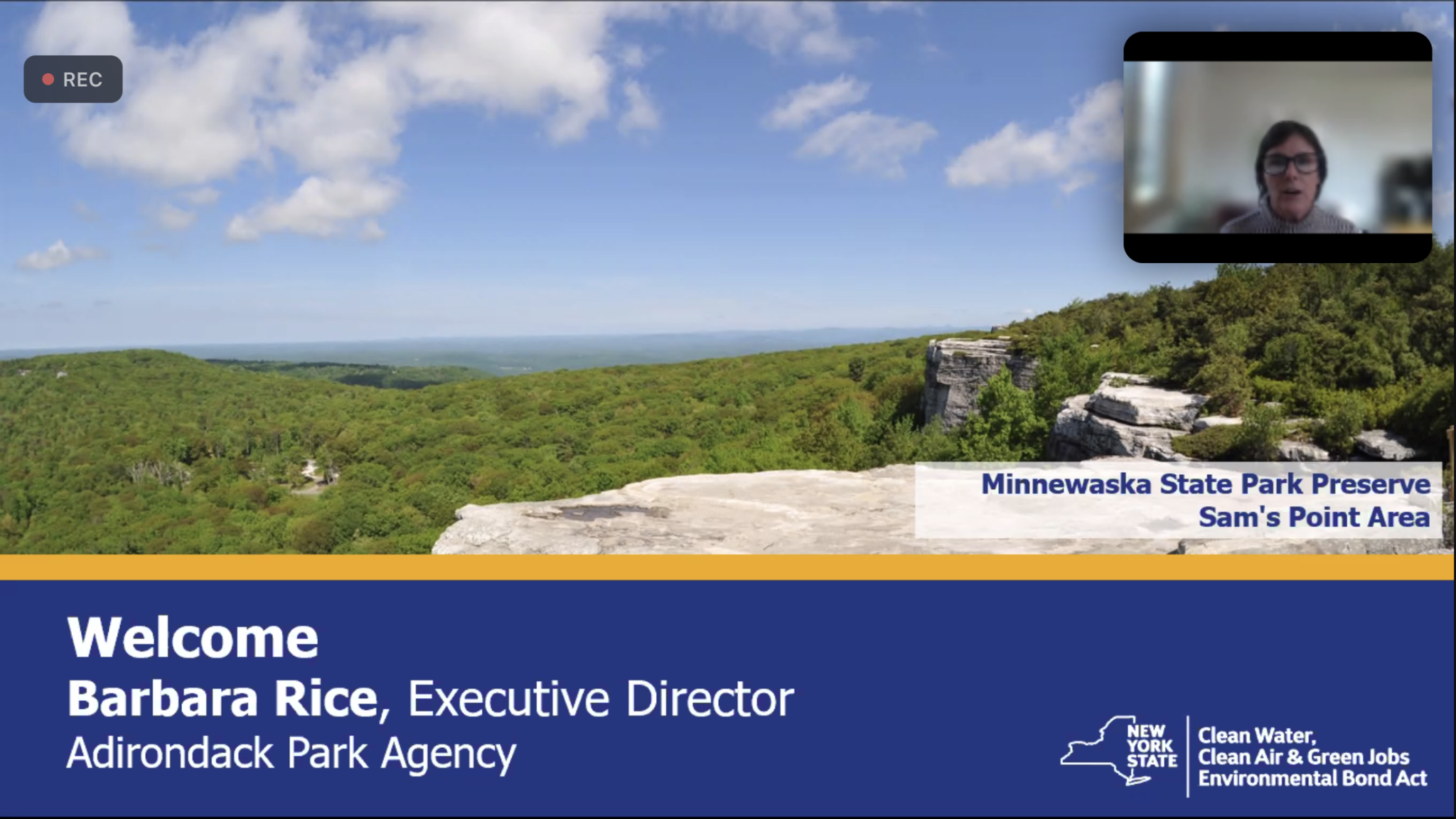 A screenshot shows a virtual presentation, hosted by Executive Director of the Adirondack Park Agency Barbara Rice, about the $4.2 billion Clean Water, Clean Air and Green Jobs Environmental Bond Act.