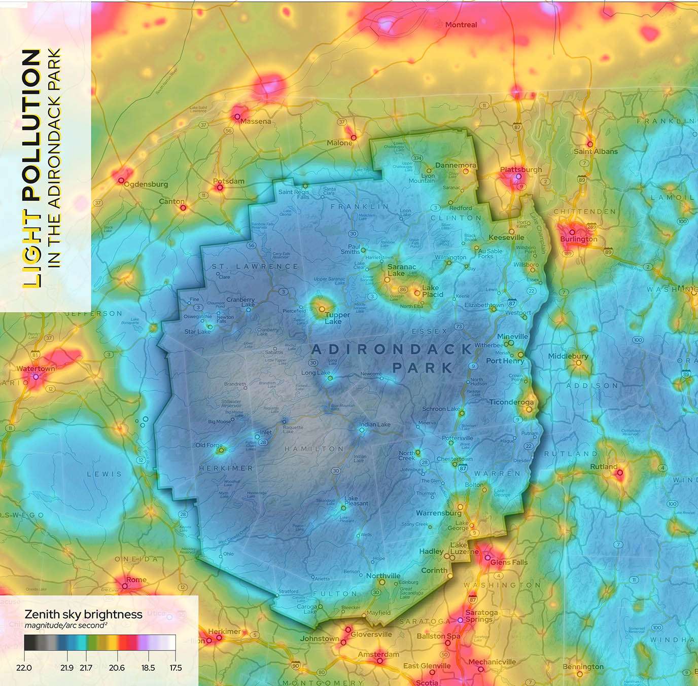 sing the Zenith sky brightness scale, the greatest light pollution shows
up as yellow and red. Blue, purple and transparent areas have very little light or no
pollution. Map graphic by Adirondack Research (ADKRES.ORG), using data from lightpollutionmap.info 