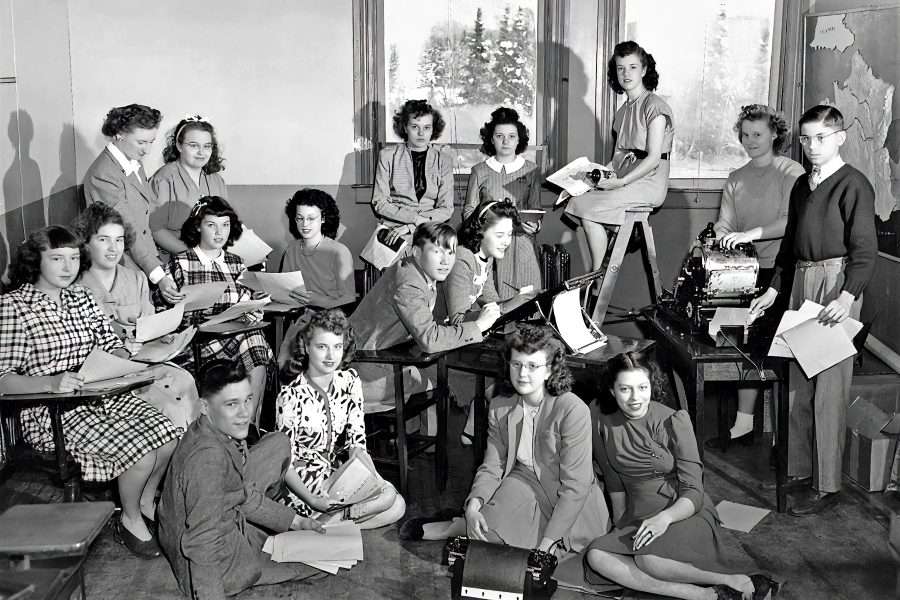 old photo of young women in a school setting