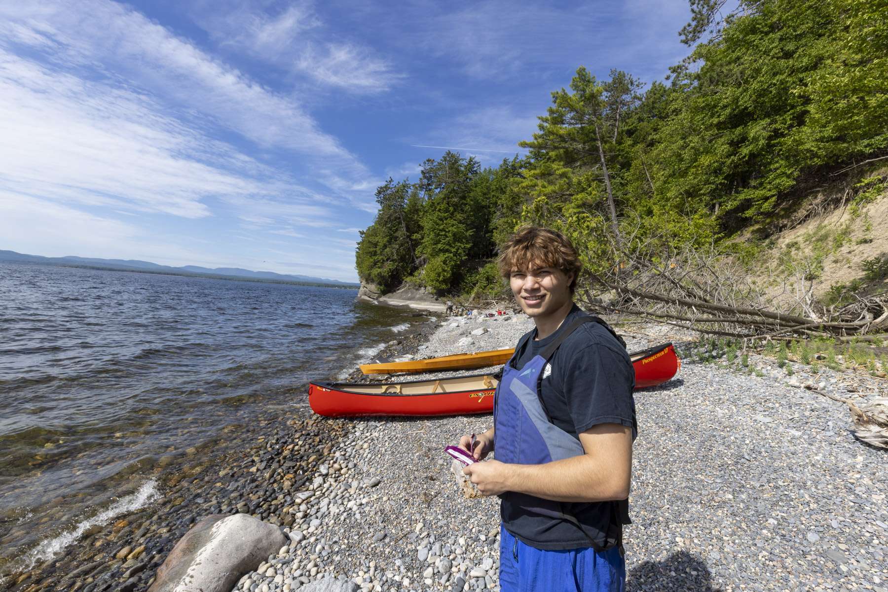 Explorer intern Jak Krouse shortly after arriving on the southern shore of Lake Champlain near campsite seven. 