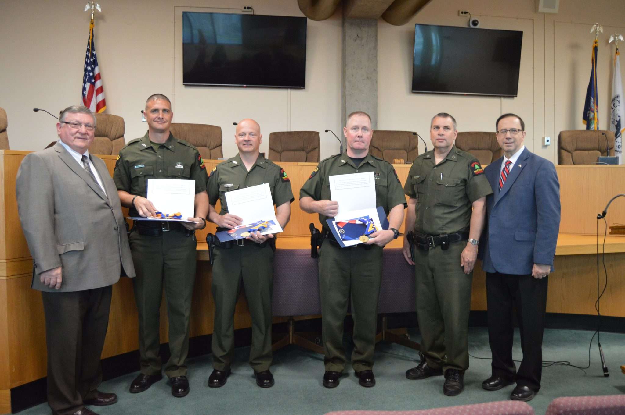In 2018, State Sen. Joseph Griffo, R-Rome, right, presented Liberty Medals to  three forest rangers for exceptional, heroic, or  humanitarian acts and achievements on behalf of their fellow New Yorkers, including  Ranger David Cornell, third from left, who was credited with taking life-saving medical actions for a motorcyclist who was in an accident in the town of Vienna. 