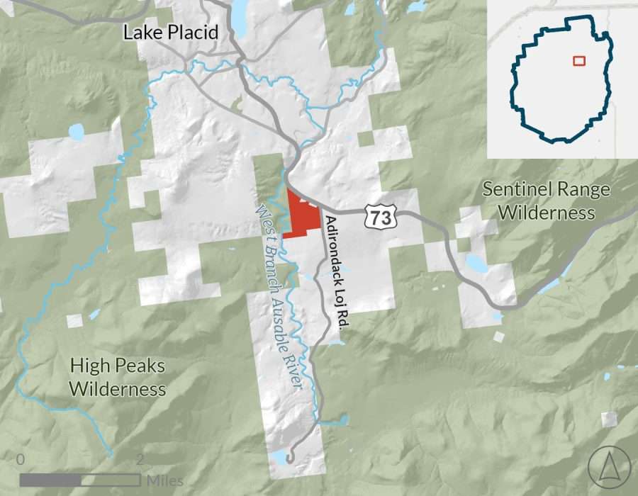 Adirondack Land Trust bought 187 acres off Route 73 and Adirondack Loj Road, which is highlights in red. Map courtesy of Adirondack Land Trust.