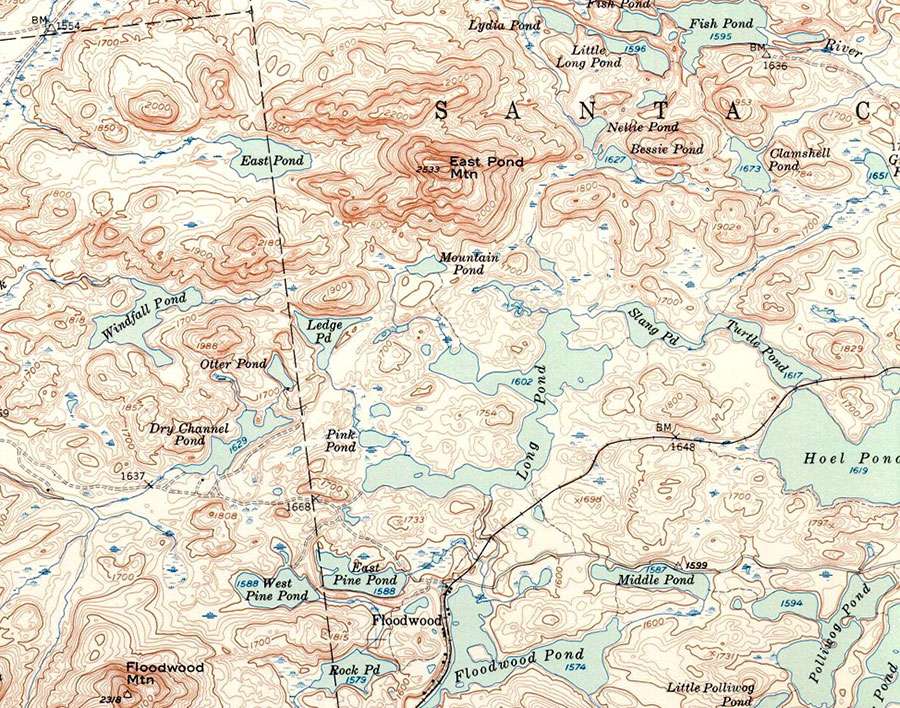 Detail from the 1905 USGS St. Regis Quadrangle showing Long Pond, center.
