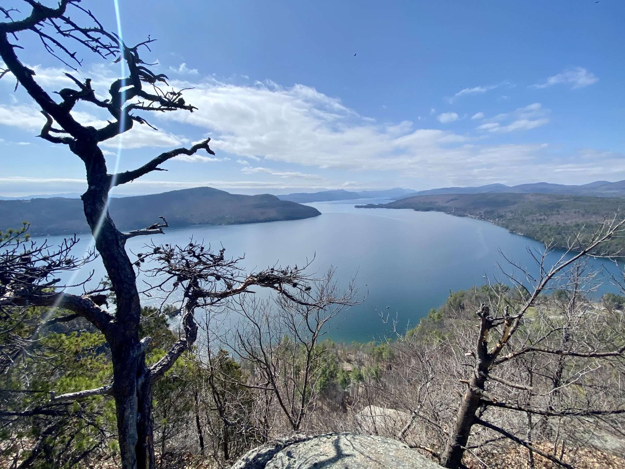 View of Lake George from Rogers Rock. There is no formal hiking trail to the top because the state has not adopted a unit management plan for the Lake George Wild Forest.