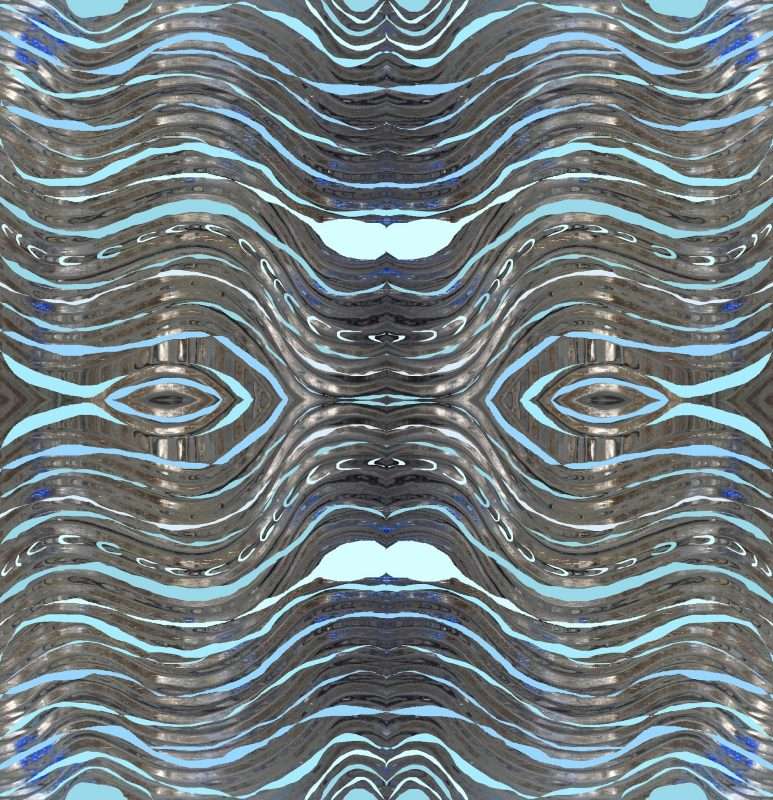 Blue and gray artwork with an illusion that looks like eyes and waves.