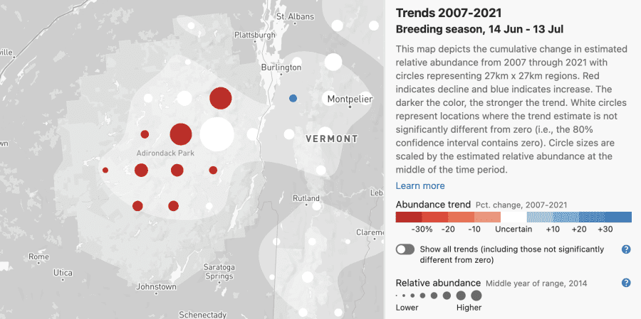A map shows that Bicknell's thrush is declining in the Adirondacks.