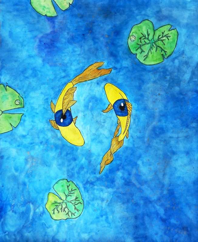 A painting of two yellow fish with large blue eyes on their backs in water with lilly pads.
