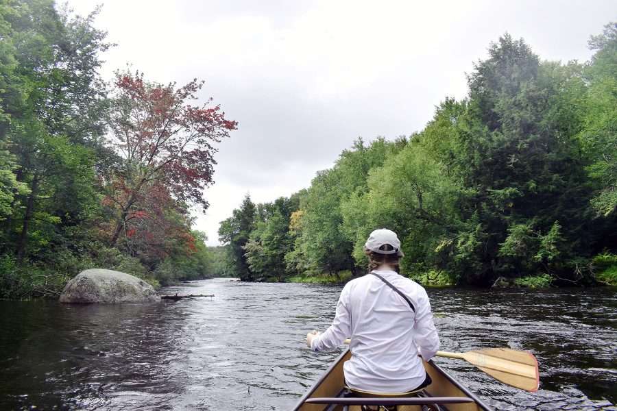 young woman paddling a canoe