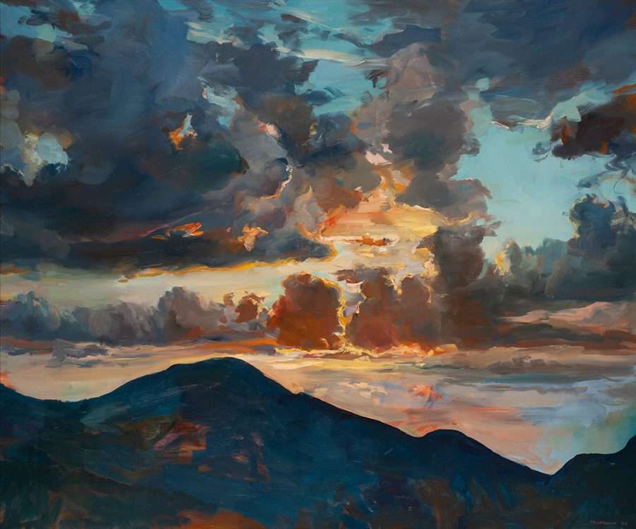 painting of a mountain at sunset