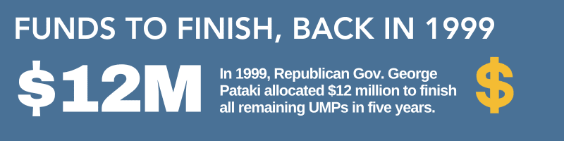 ump graphic: In 1999, Republican Gov. George Pataki allocated $12 million to finish all remaining UMPs in five years.