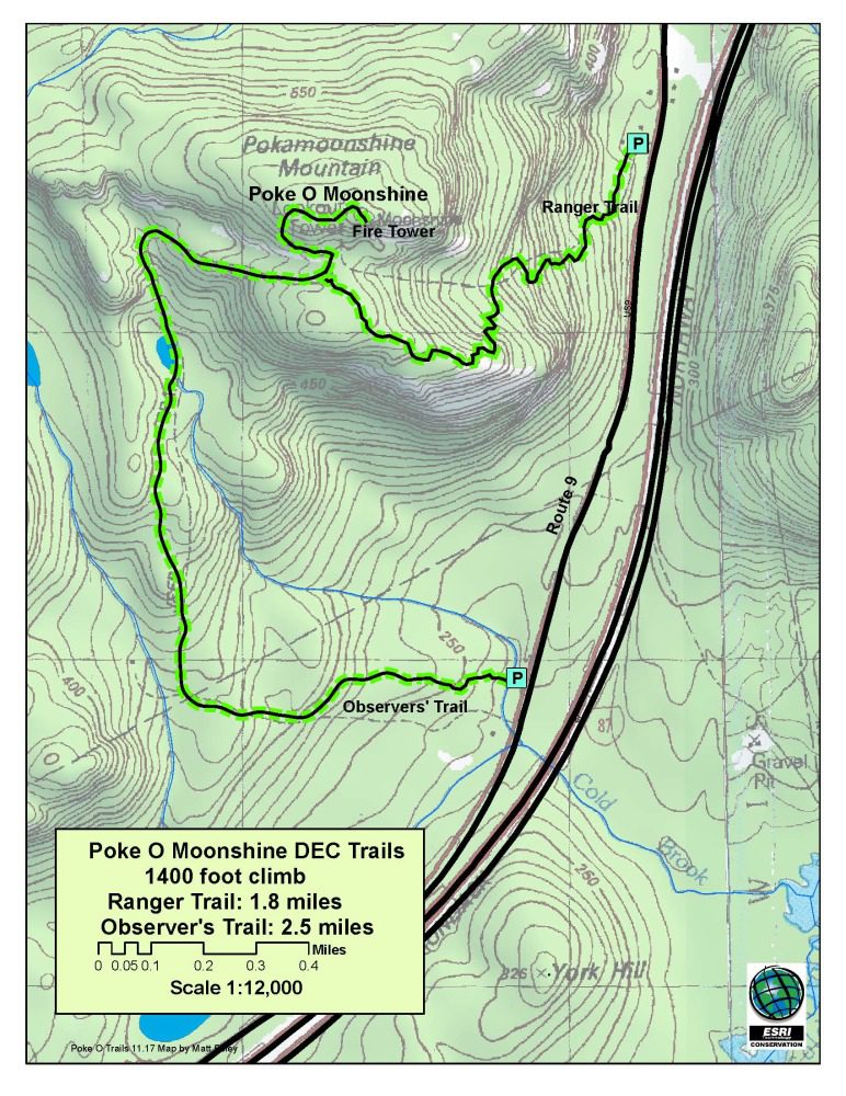 The Ranger and Observers trails meet up and lead to the summit of Poke-O-Moonshine. Map courtesy of Friends of Poke-O-Moonshine