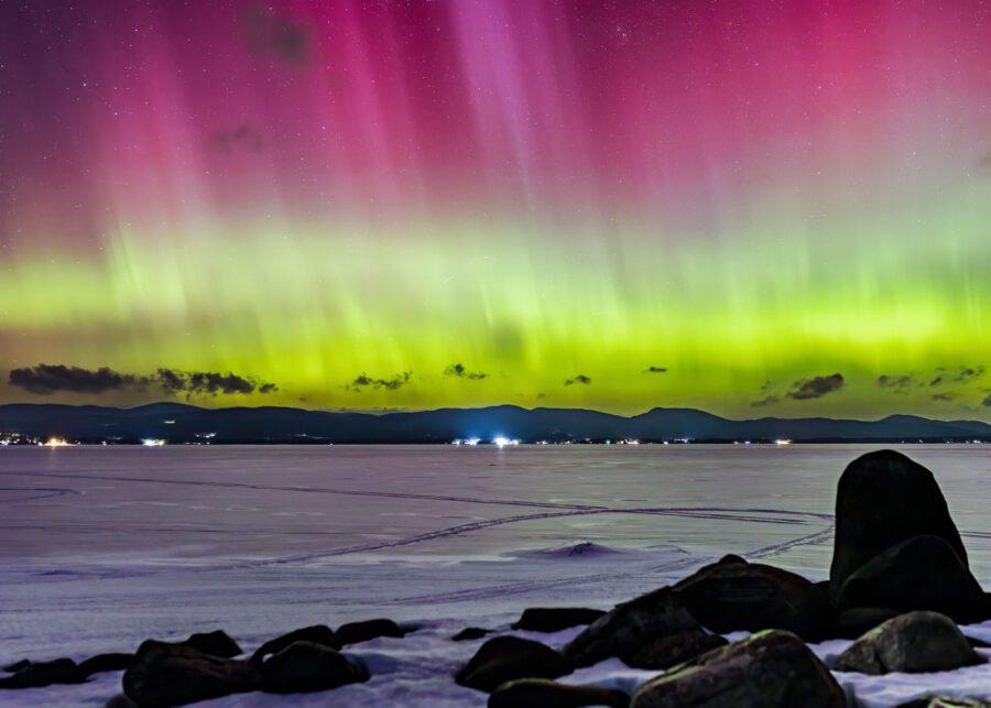 The northern lights, or aurora borealis, over Great Sacandaga Lake. 