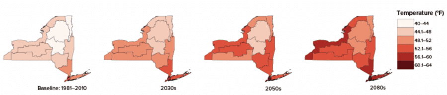 A timeline of a map of New York showing temperature changes with climate change.