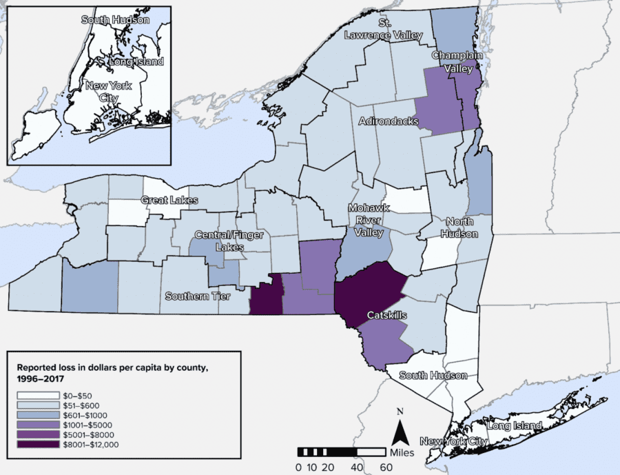 A map of New York showing the cost of weather damage.