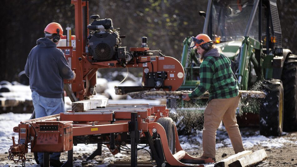 Participants of Paul Smith's College forestry program mill wood. Photo provided by Paul Smith's College