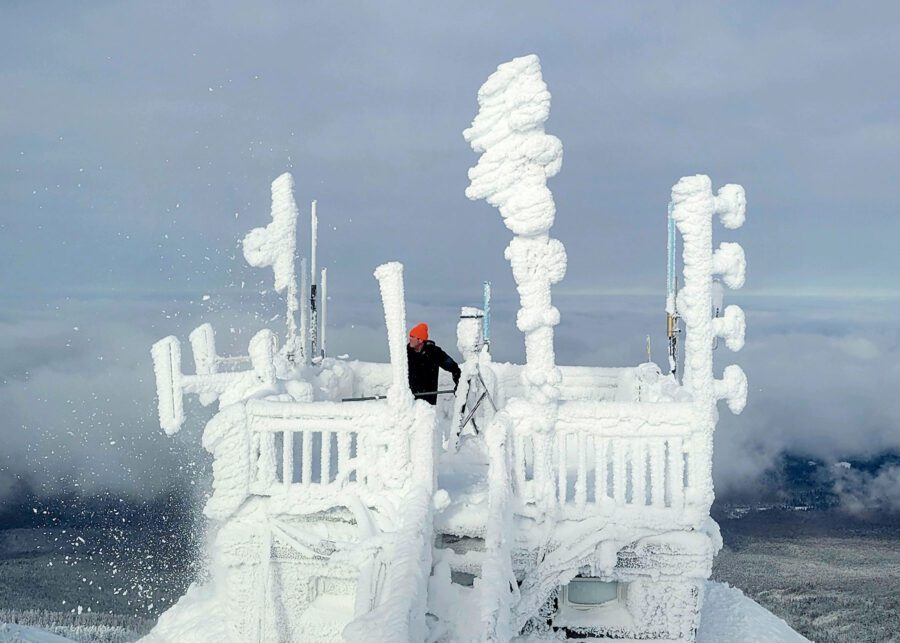 a frost, or rime-covered tower at the whiteface weather station