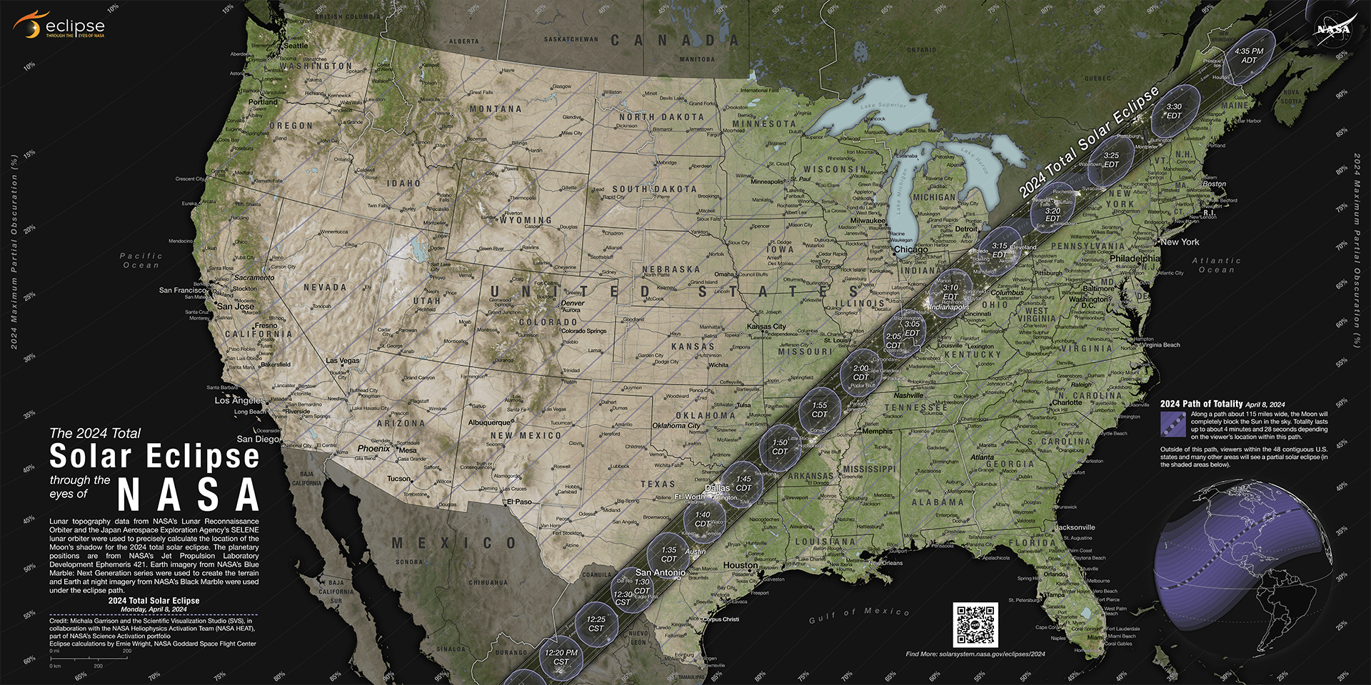 This map shows the path where the moon's shadow will be visible on earth on April 8. Image courtesy of NAPA