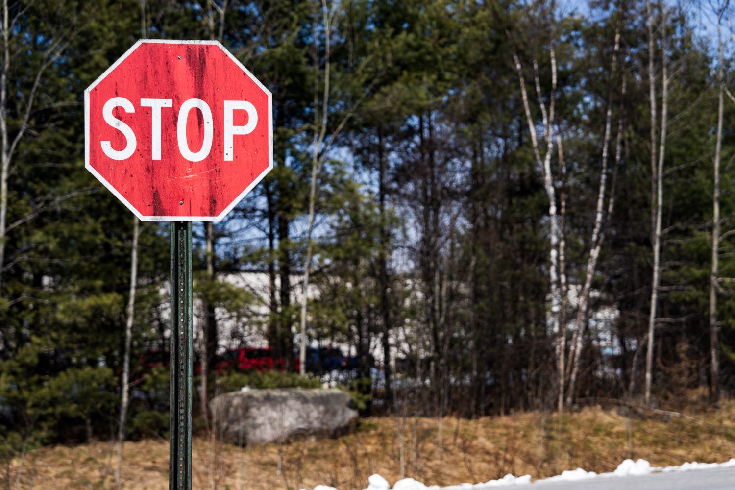 A stop sign near the WhistlePig facility in Mineville shows black staining of whiskey fungus