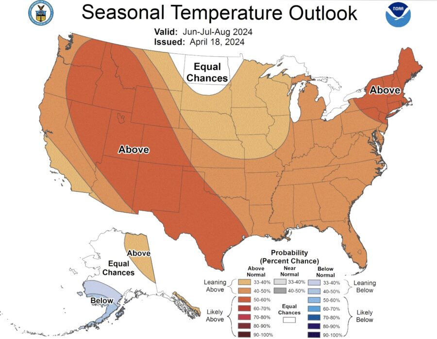 A yellow and red map showing heat chances across the United States