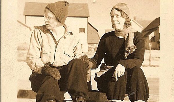 Lois Perret Schaefer, left, and Gertrude Schaefer, with skates in North Creek, 1933.