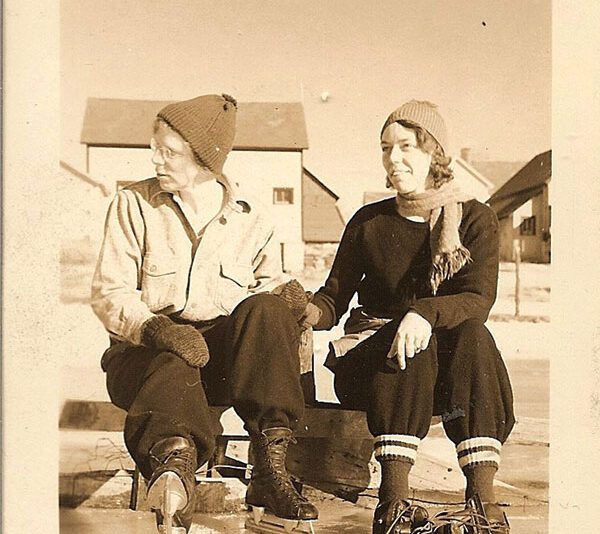 Lois Perret Schaefer, left, and Gertrude Schaefer, with skates in North Creek, 1933.