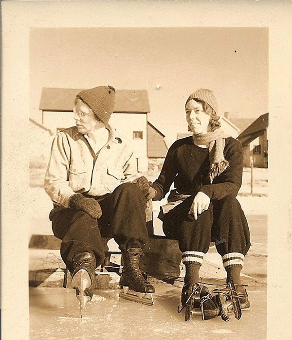 Lois Perret Schaefer, left, and Gertrude Schaefer, with skates in North Creek, 1933.