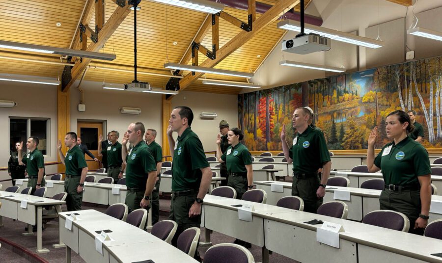 Nine New York State Ranger Recruits were recently sworn in at a ceremony at the SUNY ESF Ranger School in Wanakena.  With a wide range of backgrounds, two are graduates of the Ranger School.  