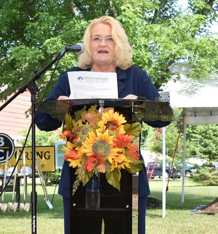 Dierdra Sorrell, CEO of the Clifton-Fine Hospital in Star Lake, speaks to a crowd of almost 100 people attending the July 1 groundbreaking ceremony for a new Emergency Room.
