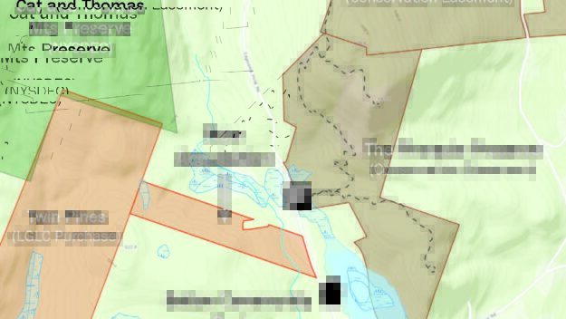 This map shows LGLC's recent 30-acre purchase along with its Twin Pines Preserve and nearby Adirondack Forest Preserve lands. Courtesy of LGLC