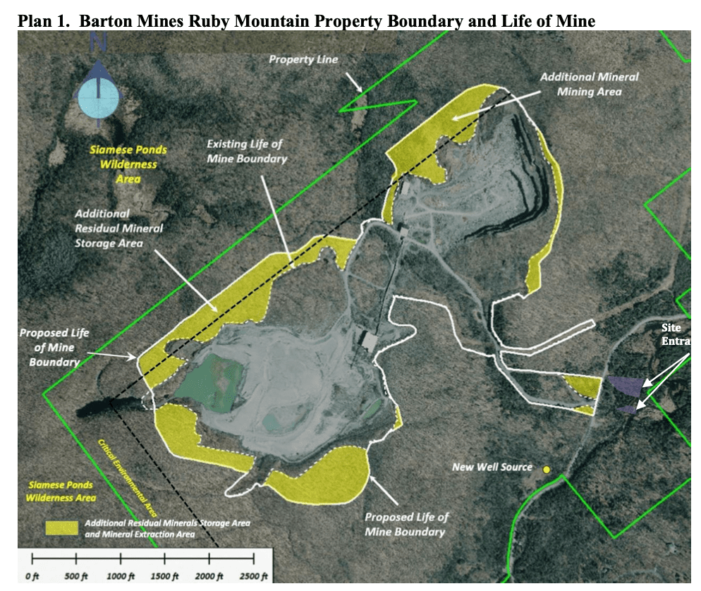 A map from Barton Mines' application shows the current mine and tailings pile boundaries and the proposed expansion
