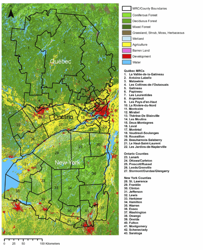 The study area for Jonathan Cole's research paper, "Land conversion and lack of protection significantly reduce
suitable wolf habitat amount and functional connectivity in the Adirondack‑to‑Laurentians (A2L) transboundary wildlife linkage." Graphic courtesy of Cole.