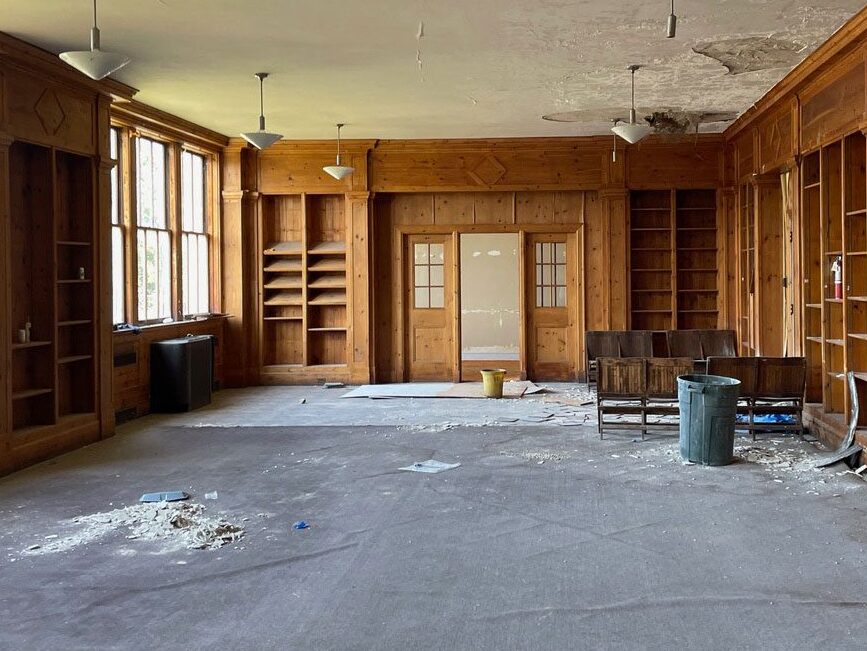 The Keeseville school’s library shelving remains in tact.
