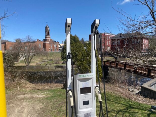 A charging station in the village of Saranac Lake, which will was recently awarded a grant for $482,164 for 30 Level 2 charging ports. Photo by Mike Lynch