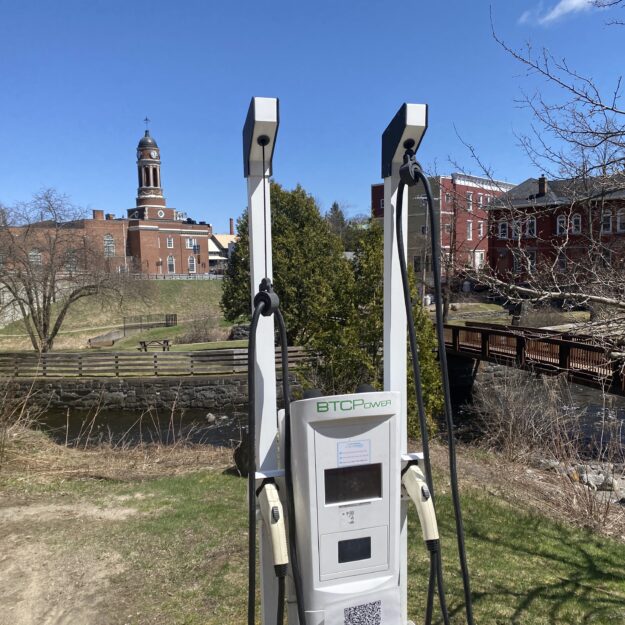 A charging station in the village of Saranac Lake, which will was recently awarded a grant for $482,164 for 30 Level 2 charging ports. Photo by Mike Lynch