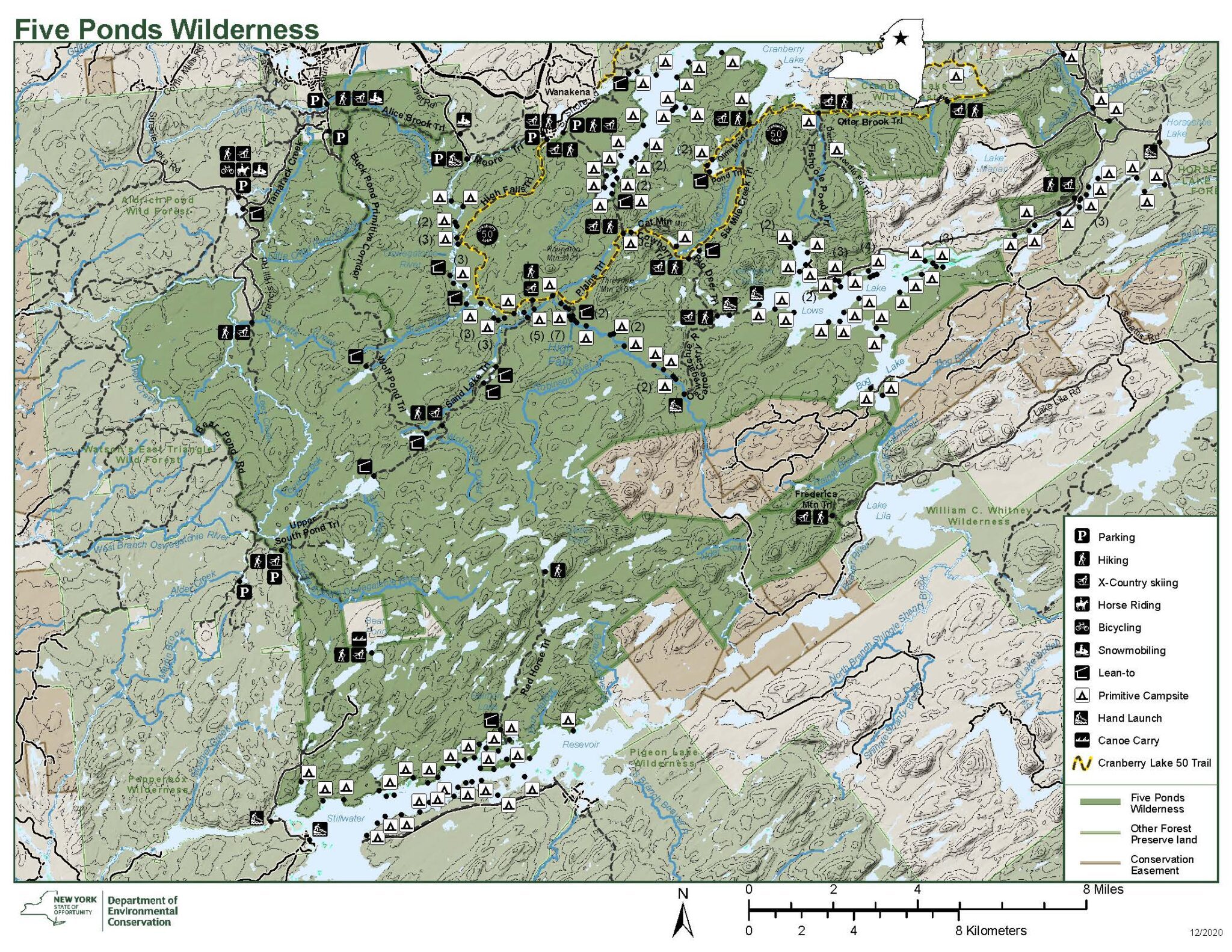 A map of the Five Ponds Wilderness including Lows Lake and the former boy scout camp