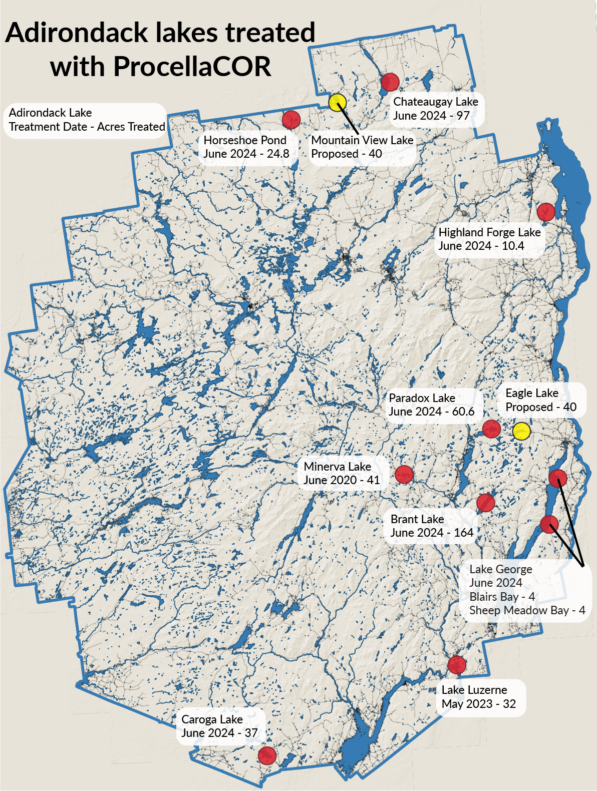 map of herbicide procellaCOR sites in the Adirondacks
