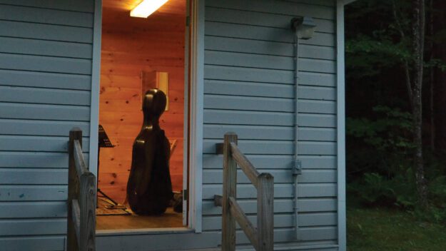 A string instrument sitting inside the open door of a cabin